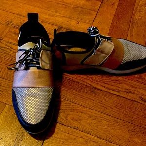 Women used size 8 1/2 Rose Gold, Black and Silver Sneakers